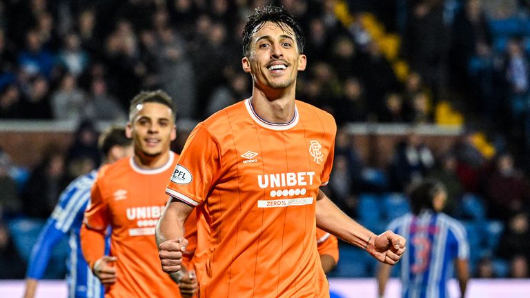 Rangers' Bojan Miovski celebrates scoring to make it 1-0 during a Scottish Premiership match at Kilmarnock