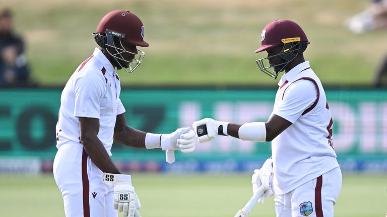 Justin Greaves and Kemar Roach encourage each other while batting against New Zealand in a test match (Andrew Cornaga/Photosport via AP)