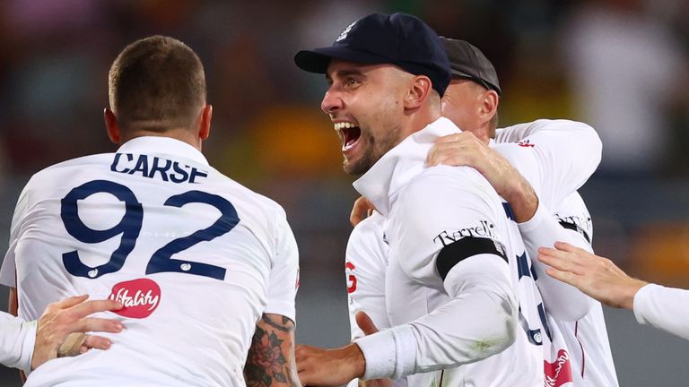 Will Jacks celebrates his stunning catch to dismiss Steve Smith in the day-night Ashes Test at The Gabba in Brisbane (Getty Images)
