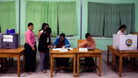 EPA Myanmar voters cast ballots during the first phase of general election at a polling station in Naypyitaw, the capital city of Myanmar.