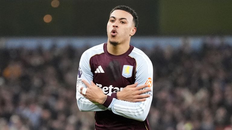 Aston Villa's Morgan Rogers celebrates his second goal of the game