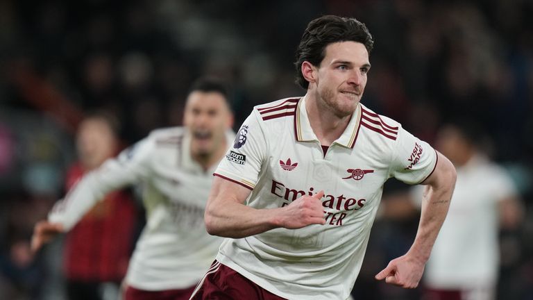 Arsenal's Declan Rice celebrates after scoring his sides second goal at the Vitality Stadium (AP Photo/Alastair Grant)