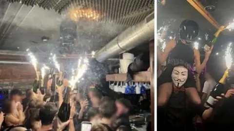 SUPPLIED Video from inside the bar appears to show the moment the ceiling covering caught fire

