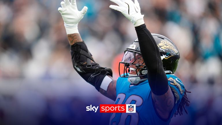 Jacksonville Jaguars safety Antonio Johnson (26) celebrates a defensive stop during the first half of an NFL football game against the Tennessee Titans, Sunday, Jan. 4, 2026, in Jacksonville, Fla.