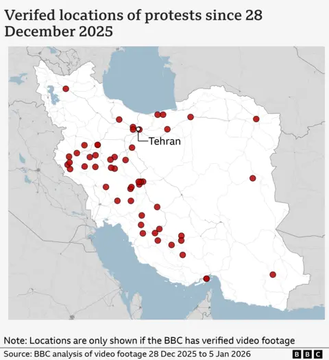 A BBC graphic showing locations of verified protests in Iran.