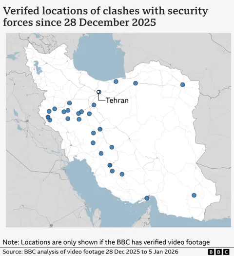 A BBC graphic showing the locations of clashes with security forces across Iran.