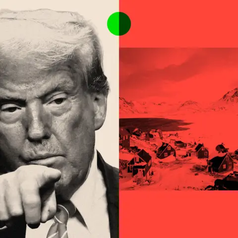 BBC Donald Trump pointing and a picture of a village in Greenland 