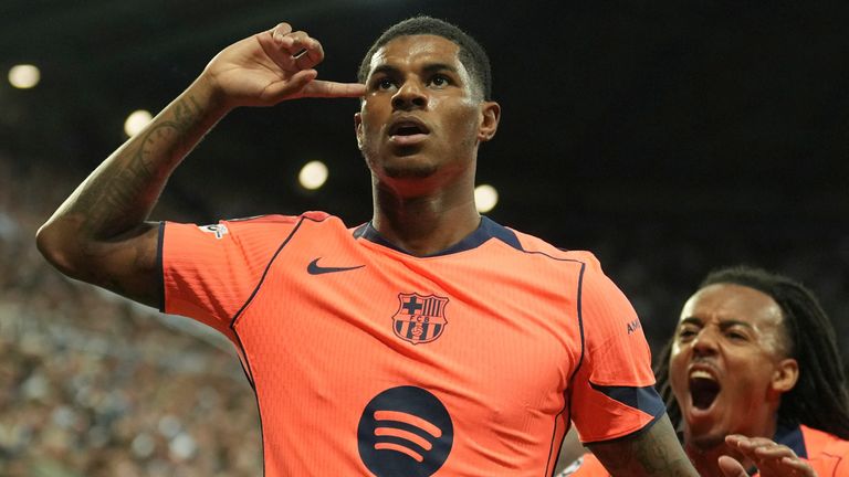 Barcelona's Marcus Rashford celebrates after scoring his second goal against Newcastle