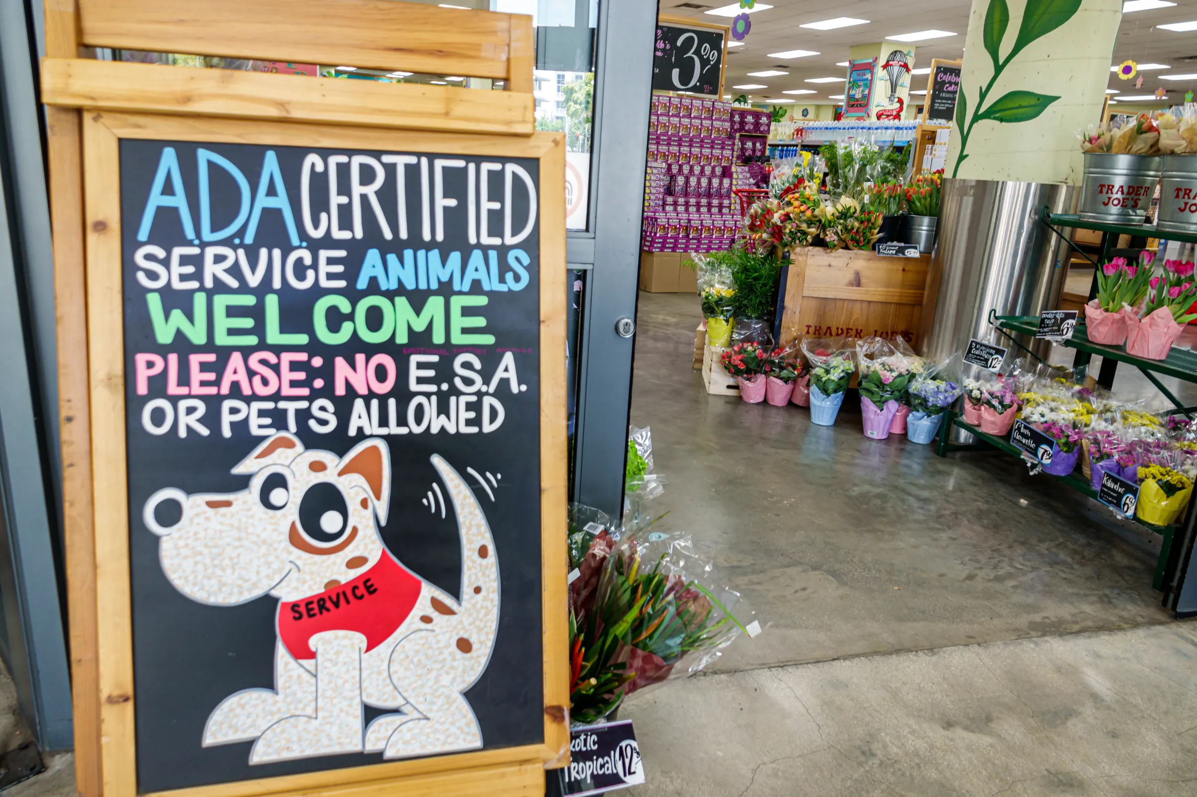 A grocery store, with a chalkboard sign outside saying “ADA certified service animals welcome. Please: No ESA or pets allowed.”