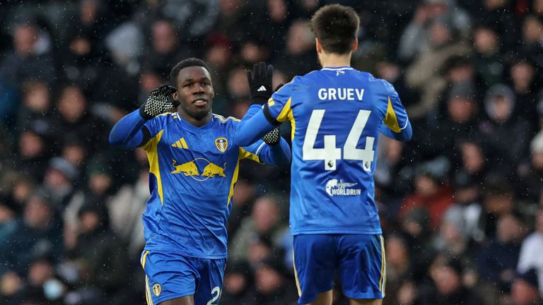 Wilfried Gnonto celebrates with Ilia Gruev after equalising for Leeds against Derby