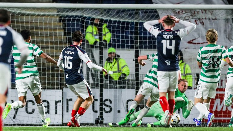 Falkirk's Barney Stewart (C) had a first half chance saved by Schmeichel 