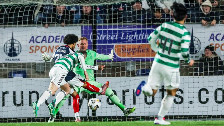 Celtic goalkeeper Kasper Schmeichel denied Ethan Williams an equaliser for Falkirk