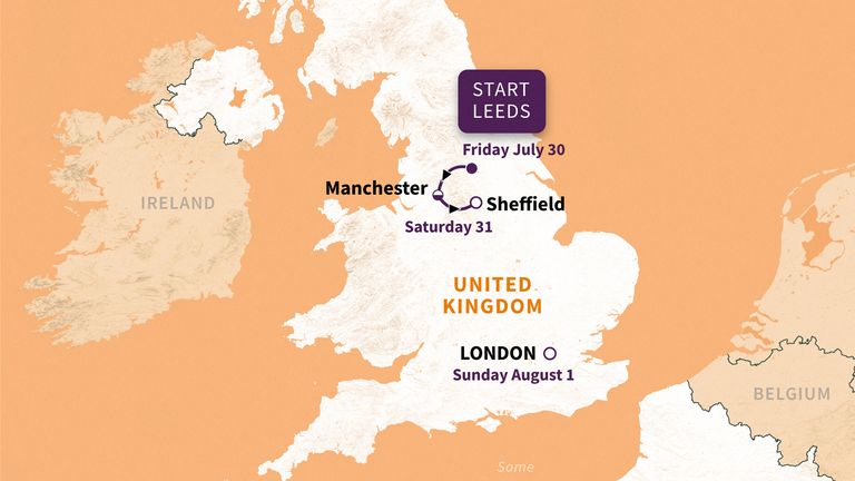 Infographic with a map showing the first three stages of the Women's Tour de France 2027 from Friday, July 30, to Sunday, August 1 (Graphic by Nalini LEPETIT-CHELLA and Paz PIZARRO / AFP)