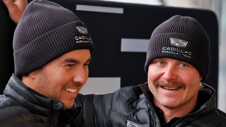Sergio Perez (L) and Valtteri Bottas at Cadillac's Silverstone shakedown