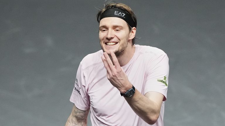Alexander Bublik reacts during a semifinal match of the Paris Masters tennis tournament against Canada's Felix Auger-Aliassime in Paris, Sat