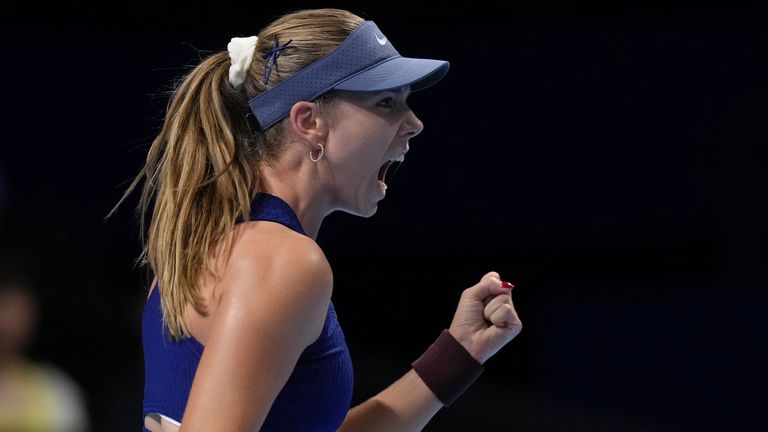 Katie Boulter reacts after scoring a point against Jessica Pegula during the Billie Jean King Cup (AP Photo/Andy Wong)