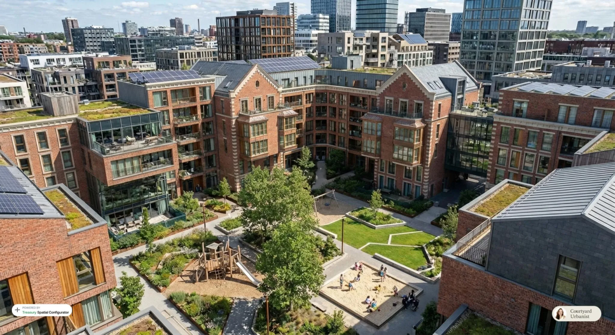 Modern brick courtyard block with green roofs and solar panels, wrapping a landscaped shared courtyard with a playground and sand area, set against a city skyline.
