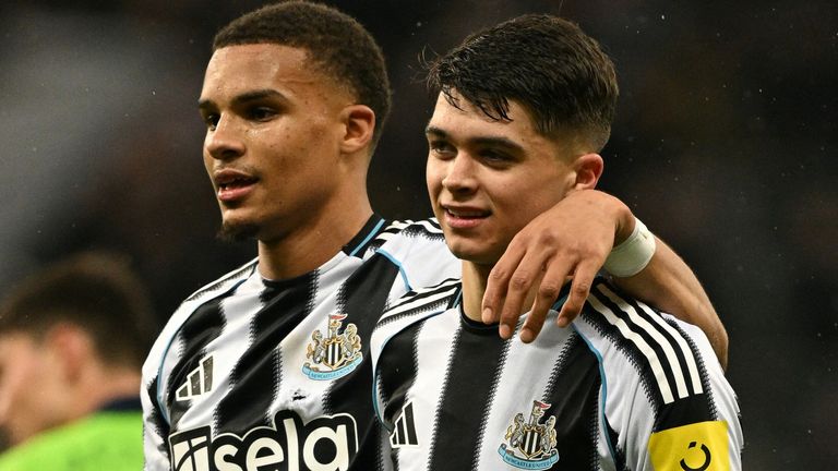 Malick Thiaw and Lewis Miley celebrate Newcastle's Carabao Cup win over Fulham 