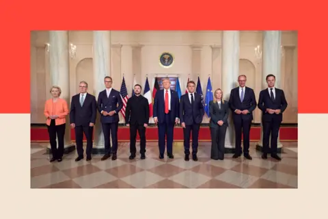 Getty Images (L - R) Ursula von der Leyen, president of the European Commission, UK Prime Minister Keir Starmer, Finland's President Alexander Stubb, Ukraine's President Volodymyr Zelenskiy, US President Donald Trump, France's President Emmanuel Macron, Italy's Prime Minister Giorgia Meloni, Germany's Chancellor Friedrich Merz, and Nato Secretary General Mark Rutte
