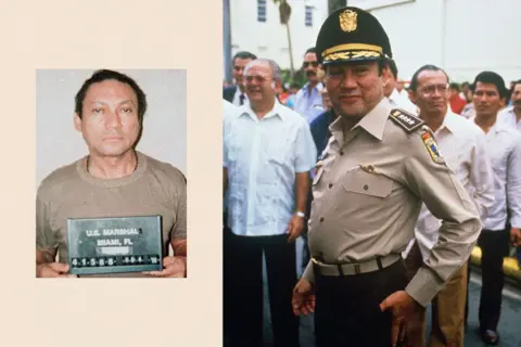 Getty Images / Corbis A composite image showing a mugshot of former Panamanian leader Manuel Noriega in US custody, next to an earlier photo of him smiling in military uniform and a hat