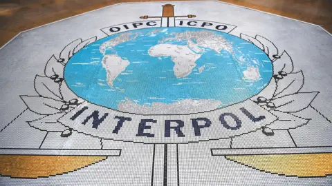 OLIVIER CHASSIGNOLE/AFP via Getty Images A mosaic on the floor of the Interpol building showing the organisation's logo. It has a map of the world in a circle with the sea depicted in blue and the land in grey. Behind the map is a sword and beneath it are gold weighing scales and the word Interpol.