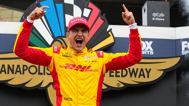 Alex Palou, of Spain, celebrates after winning the Indianapolis 500 auto race at Indianapolis Motor Speedway in Indianapolis, Sunday, May 25, 2025. (AP Photo/Michael Conroy)
