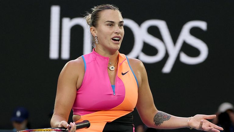 Belarus' Aryna Sabalenka speaks to the umpire during her women's singles semi-final match against Ukraine's Elina Svitolina on day twelve of