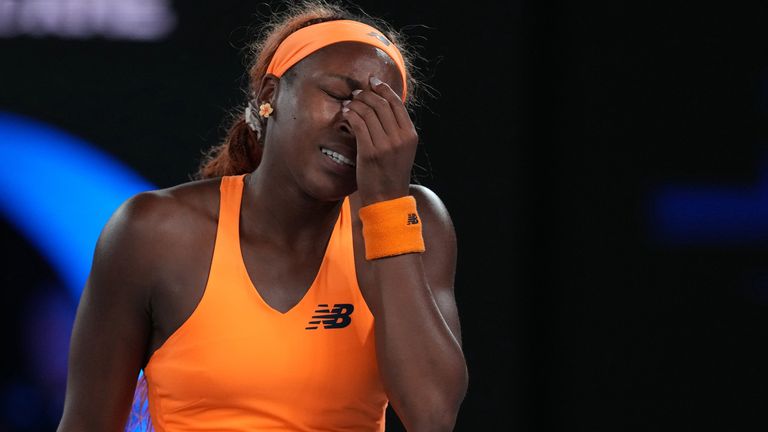 Coco Gauff of the U.S. reacts during her quarterfinal match against Elina Svitolina of Ukraine during their quarterfinal match at the Australian Open tennis championship in Melbourne, Australia, Tuesday, Jan. 27, 2026. (AP Photo/Dita Alangkara)
