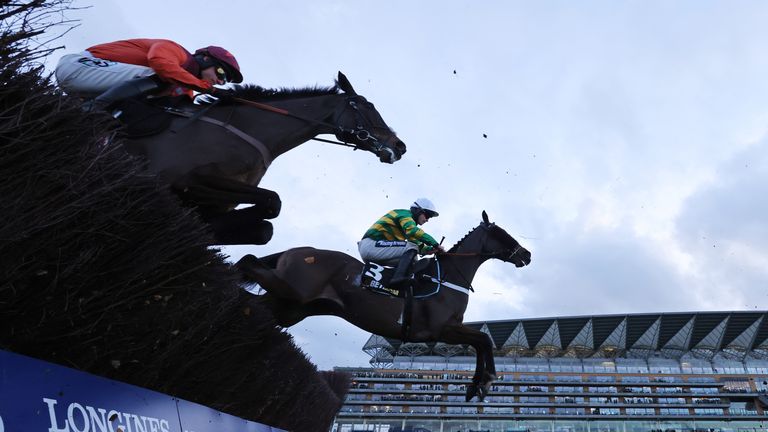 Jonbon clears a fence in front of the Ascot grandstand