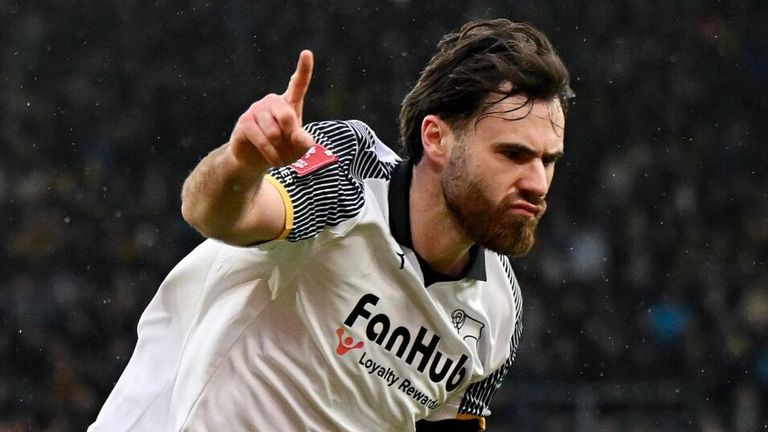 Ben Brereton Diaz celebrates after opening the scoring for Derby against Leeds