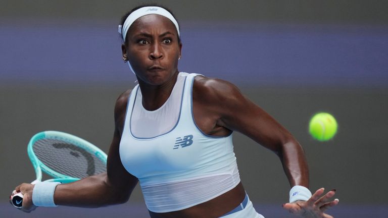 Coco Gauff of the United States plays a forehand to Belinda Bencic of Switzerland during a women's singles match of the China Open tennis to