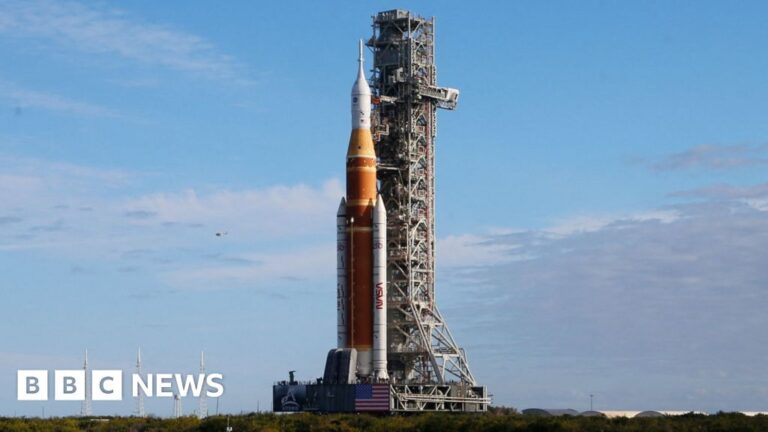 Nasa’s mega Moon rocket arrives at launch pad