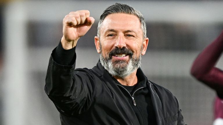 EDINBURGH, SCOTLAND - DECEMBER 21: Hearts Head Coach Derek McInnes celebrates at full time during a William Hill Premiership match between Heart of Midlothian and Rangers at Tynecastle Park, on December 21, 2025, in Edinburgh, Scotland. (Photo by Rob Casey / SNS Group)