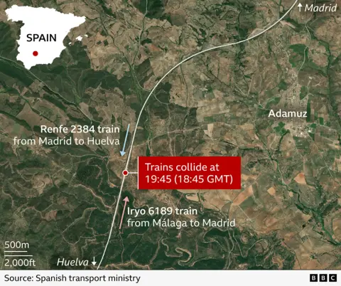 A satellite-style map of southern Spain showing the location of a train collision near Adamuz. Two labelled train routes are marked: the Renfe 2384 train travelling south from Madrid to Huelva (yellow arrow) and the Iryo 6189 train travelling north from Málaga to Madrid (green arrow). A red marker indicates the collision point at 19:45 local time (18:45 GMT). A small inset map of Spain highlights the region. Source: Spanish transport ministry.