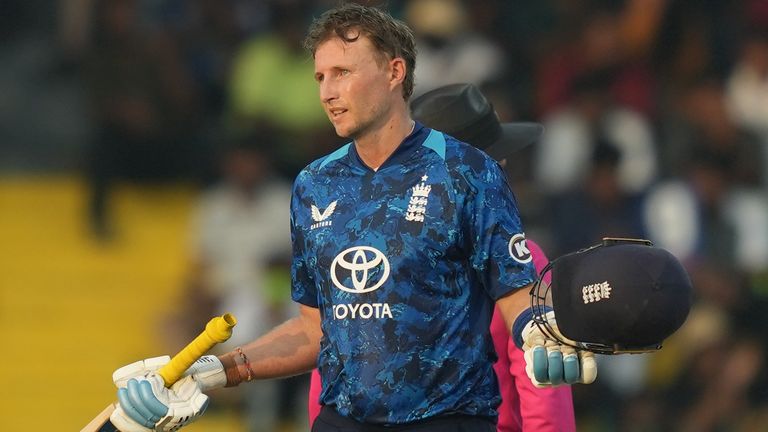 England's Joe Root celebrates his century during the third ODI against Sri Lanka in Colombo on January 27, 2026 (Associated Press)