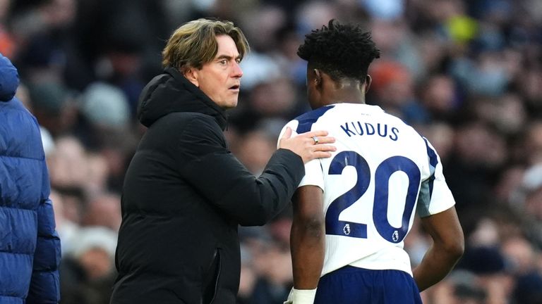 Tottenham Hotspur's Mohammed Kudus leaves the pitch after picking up an injury