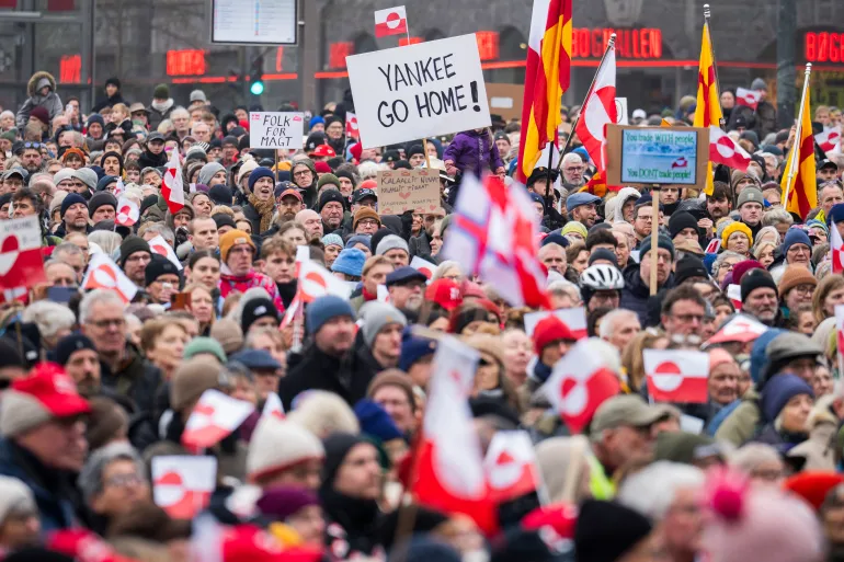 COPENHAGEN, DENMARK - JANUARY 17: Protesters on City Square during a protest in support of Greenland on January 17, 2026 in Copenhagen, Denmark. The United States president continues to insist the U.S. must have Greenland, even by military means if necessary. Greenland is a semi-autonomous territory of Denmark, which has forcefully pushed back on the U.S. threats, saying they jeopardize the future of NATO. (Photo by Martin Sylvest Andersen/Getty Images)