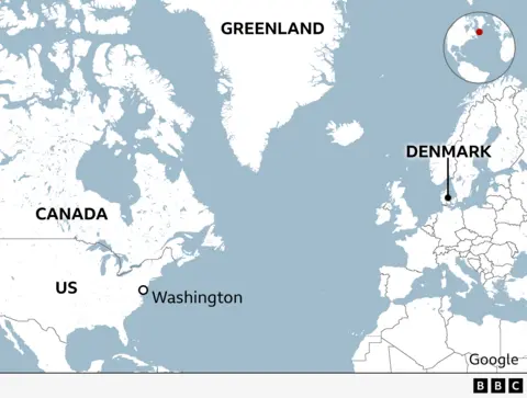A map showing the locations of the US, Denmark and Greenland