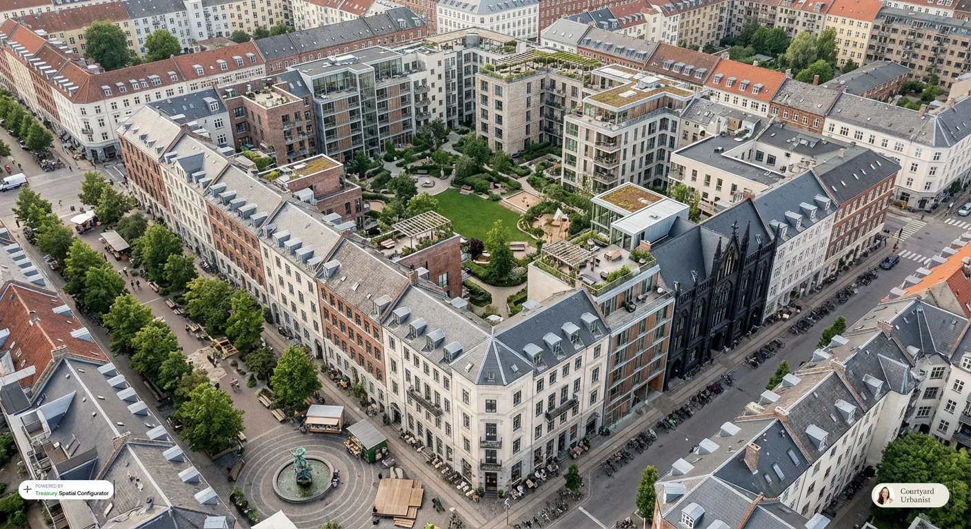 Aerial view of a dense European-style city block with mid-rise apartments and shops around the perimeter and a large green communal courtyard inside, with paths, trees, and rooftop terraces.