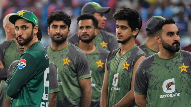 Pakistan captain Salman Agha (left) and his team look dejected after defeat to India in the 2025 Asia Cup final (Associated Press)