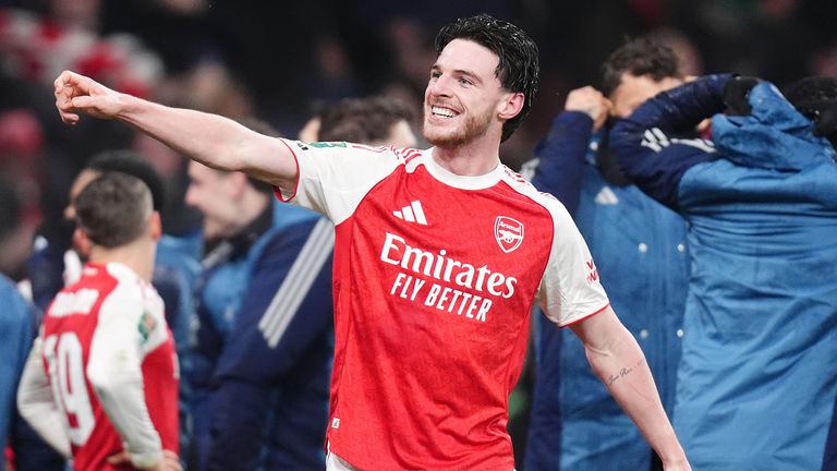 Declan Rice celebrates the win over Chelsea after the game