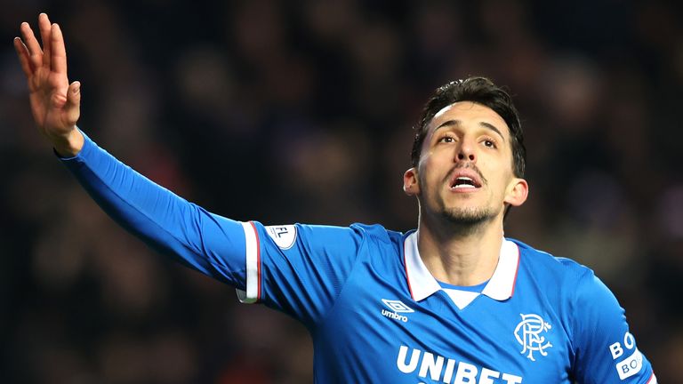 Rangers' Bojan Miovski celebrates scoring the second goal against Kilmarnock
