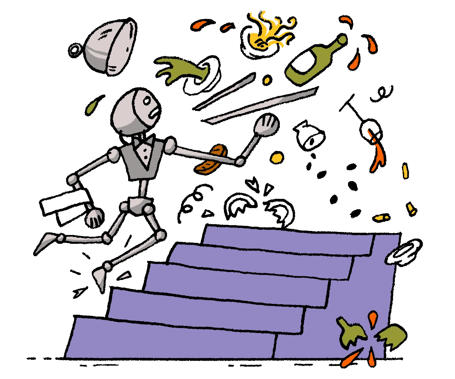 an illustration of a robot butler tripping up some stairs. Food and drinks fly everywhere.