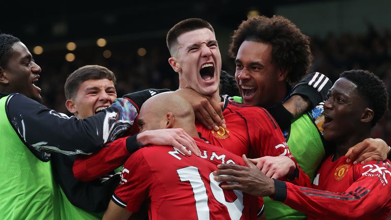 Benjamin Sesko celebrates his injury-time winner with team-mates