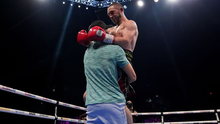 Dickens celebrates his victory against Zelfa Barrett in February 2025