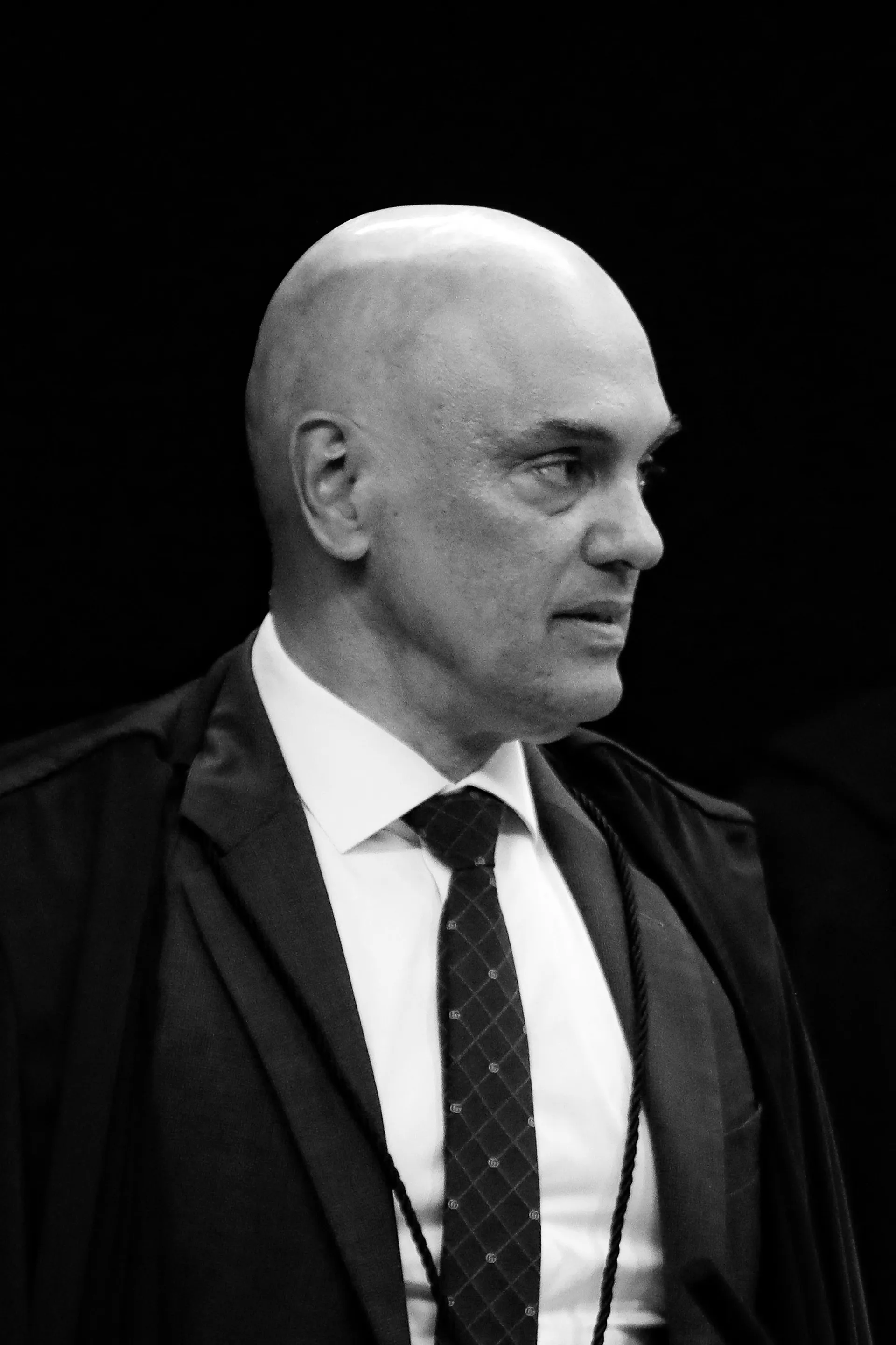 a black and white photo of Brazilian Supreme Court Justice Alexandre de Moraes