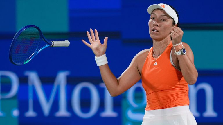 Jessica Pegula, of the United States, reacts after defeating compatriot Amanda Anisimova in their semifinal match at the Dubai Duty Free Ten