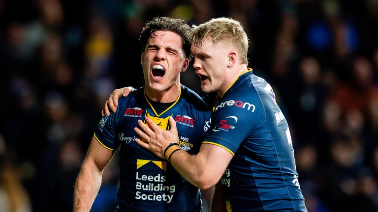 Picture by Allan McKenzie/SWpix.com - 20/02/2026 - Rugby League - Betfred Super League Round 2 - Leeds Rhinos v York Knights - AMT Headingley, Leeds, England - Leeds' Brodie Croft (l) celebrates scoring a try against York with James McDonnell.