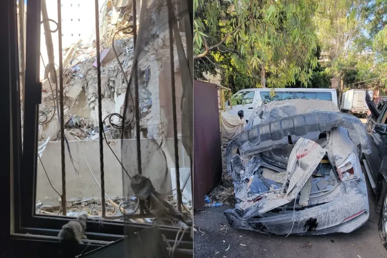 Left: The building next to RK’s home was destroyed, causing it to fall onto his building, damaging the apartment. Right: Ramez’s sister’s car was destroyed in the attack on his home in July 2024