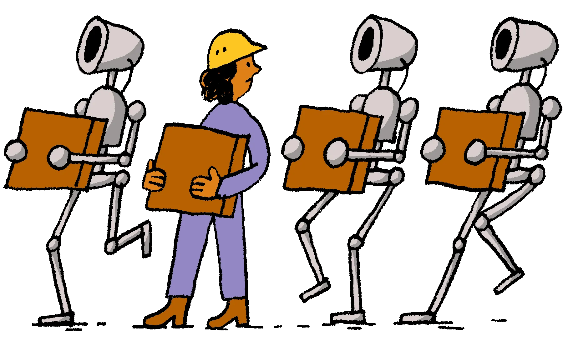 an illustration of one nervous person and three robots all transporting brown boxes together in a line